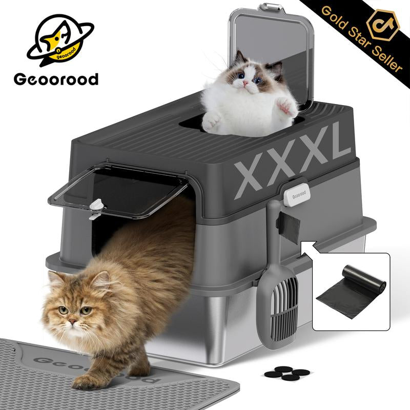 【Geoorood】Geoorood XXL Cat Litter Box Stainless Steel 20L with Lid, XL Large Metal Litter Box High Sided Design,Anti-Urine Leakage, Include Cat Mat & Litter Scoop, Neverabsorbsodors, Easycleaning, Non-Sticky#Catlovers#Septemberrestock#Fallfreshness