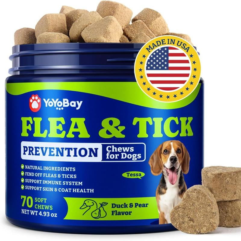 Flea and Tick Support Chews for Dogs, Yoyobay Natural Dog Fleas and Ticks Support Soft Treats, Natural Shield 5-In-1 Protection, Beef & Carrot Flavor, Duck & Pear Flavor, 70 Soft Chews