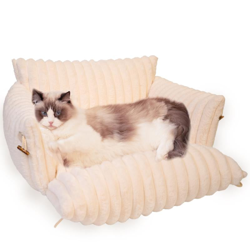 Pet Couch Bed, Orthopedic Fluffy Sofa for Cat and Small Dog, Recliner with Removable Washable Cover, Cute Calming Pet Lounge Suitable for Puppy Kitten for Indoor (Off-White)