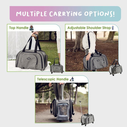 Happy Camper Expandable Pet Carrier: 4X Room, Durable Mesh, 360° Wheels, Faux-Sherpa Mat, Airline Approved, 3 Carrying Options, Zipper Doors, Removable Wheels & Base, Folds Flat for Travel for Dogs, Cats, Small Animals, Supports up to 20 LBS