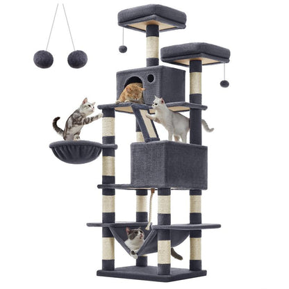 Feandrea 66.1-Inch Multi-Level Cat Tower with Scratching Posts, Perches, Caves, Basket, Hammock, and Pompoms for Indoor Cats
