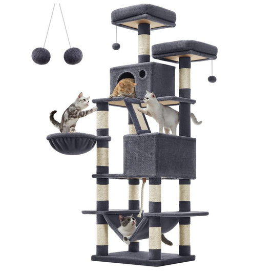 Feandrea 66.1-Inch Multi-Level Cat Tower with Scratching Posts, Perches, Caves, Basket, Hammock, and Pompoms for Indoor Cats