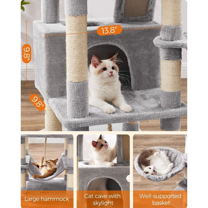Feandrea 66.1-Inch Multi-Level Cat Tower with Scratching Posts, Perches, Caves, Basket, Hammock, and Pompoms for Indoor Cats