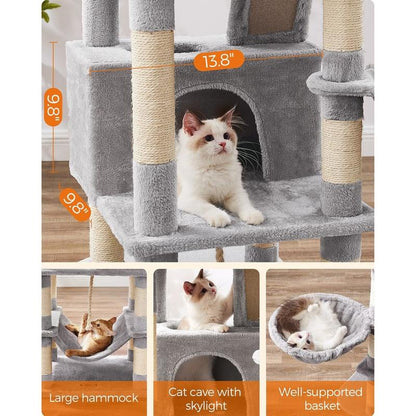 Feandrea 66.1-Inch Multi-Level Cat Tower with Scratching Posts, Perches, Caves, Basket, Hammock, and Pompoms for Indoor Cats