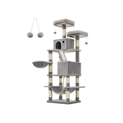Feandrea 66.1-Inch Multi-Level Cat Tower with Scratching Posts, Perches, Caves, Basket, Hammock, and Pompoms for Indoor Cats