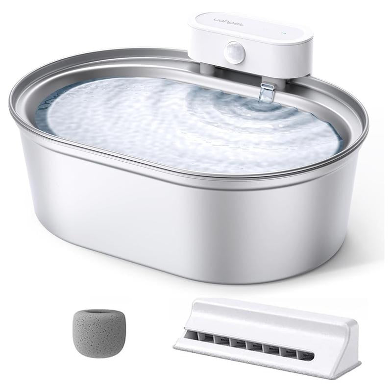 Uahpet Stainless Steel Wireless Cat Water Fountain Pro, Cordless Battery-Operated Pet Water Dispenser for Dog Rabbit, Easy to Clean 67Oz/2L