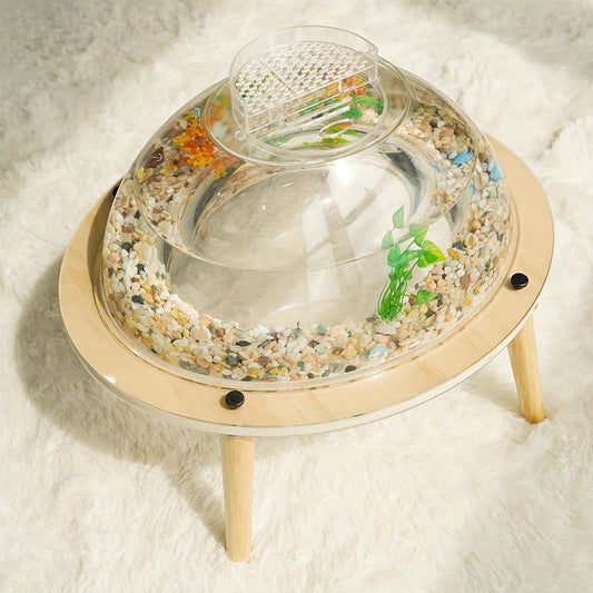 Round Cat Aquarium Tank with Wooden Stand - Reinforced Thick Glass Fish Tank with Viewing Space for Cats, Small Pets, and Fish - Creative Coexistence Habitat for Play and Rest - Includes Decorative Stones and Ornaments, Aquarium Fish Tank