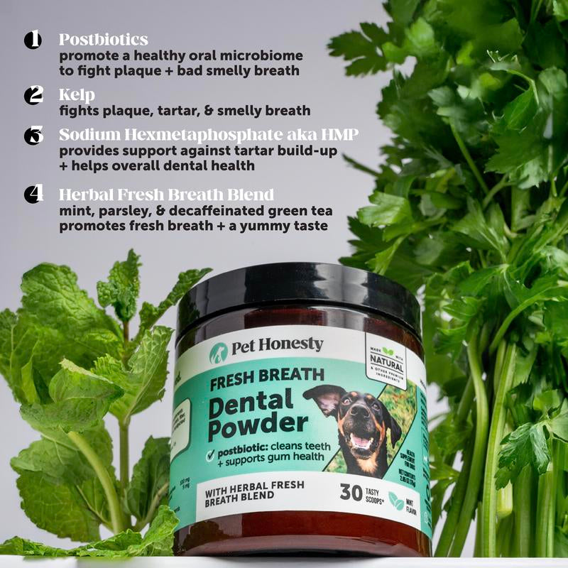 Pet Honesty Dental Powder, Breath Freshener and Teeth Cleaning Dental Care for Dogs, Plaque Tartar Remover with Postbiotic - 30 Scoops
