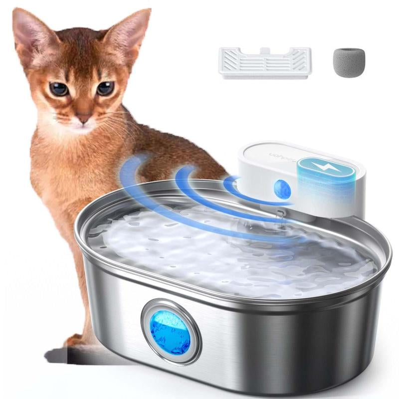 Uahpet Stainless Steel Wireless Cat Water Fountain Pro, Cordless Battery-Operated Pet Water Dispenser for Dog Rabbit, Easy to Clean 67Oz/2L