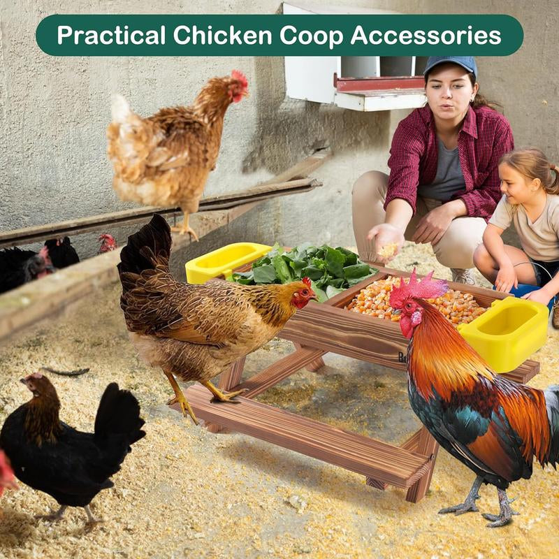 Chicken Feeders and Waterers, Chicken Feeder No Kit with Chicken Picnic Table and 2 Chicken Water Feeder, Handmade Wooden Chicken Supplies & Accessories for Chicken Coop