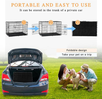 Large Dog Crate, 18/24/36/42/48 Inches Double Door Pet Crate Folding Metal Wire Dog Cage Pet Dog Kennel with Divider Panel, Leak-Proof Plastic Pan, Indoor Outdoor Pet Crates for Medium and Large Breed Pet Animals