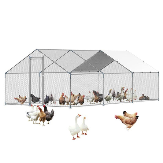 VEVOR Metal Chicken Coop, 9.8X19.6X6.5 Ft Large Walk-In Chicken Runs with Cover, Spire Roof Hen House Enclosure with Security Lock, Outdoor Duck Rabbit Cage Poultry Pen for Backyard, Farm, Yard