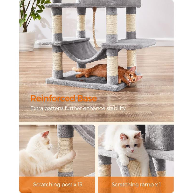 Feandrea 66.1-Inch Multi-Level Cat Tower with Scratching Posts, Perches, Caves, Basket, Hammock, and Pompoms for Indoor Cats