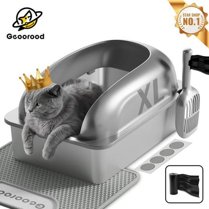【Geoorood】Geoorood XXL Cat Litter Box Stainless Steel 20L with Lid, XL Large Metal Litter Box High Sided Design,Anti-Urine Leakage, Include Cat Mat & Litter Scoop, Neverabsorbsodors, Easycleaning, Non-Sticky#Catlovers#Septemberrestock#Fallfreshness