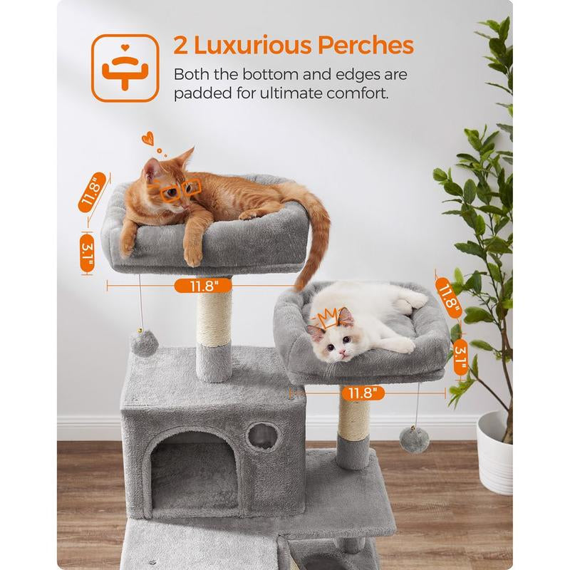 Feandrea 66.1-Inch Multi-Level Cat Tower with Scratching Posts, Perches, Caves, Basket, Hammock, and Pompoms for Indoor Cats