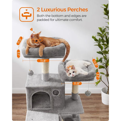 Feandrea 66.1-Inch Multi-Level Cat Tower with Scratching Posts, Perches, Caves, Basket, Hammock, and Pompoms for Indoor Cats