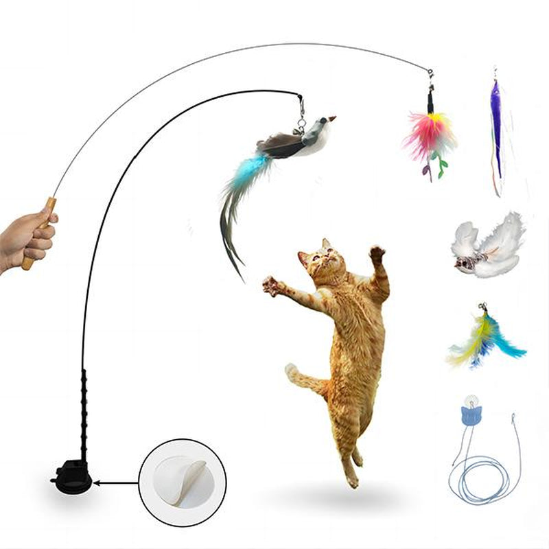 10 Set Cat Feather , Self Play Hanging Toy, Wand Toy, Interactive Bird for Cat Dancer, Suction Cup , Sticky, Rope and Wooden