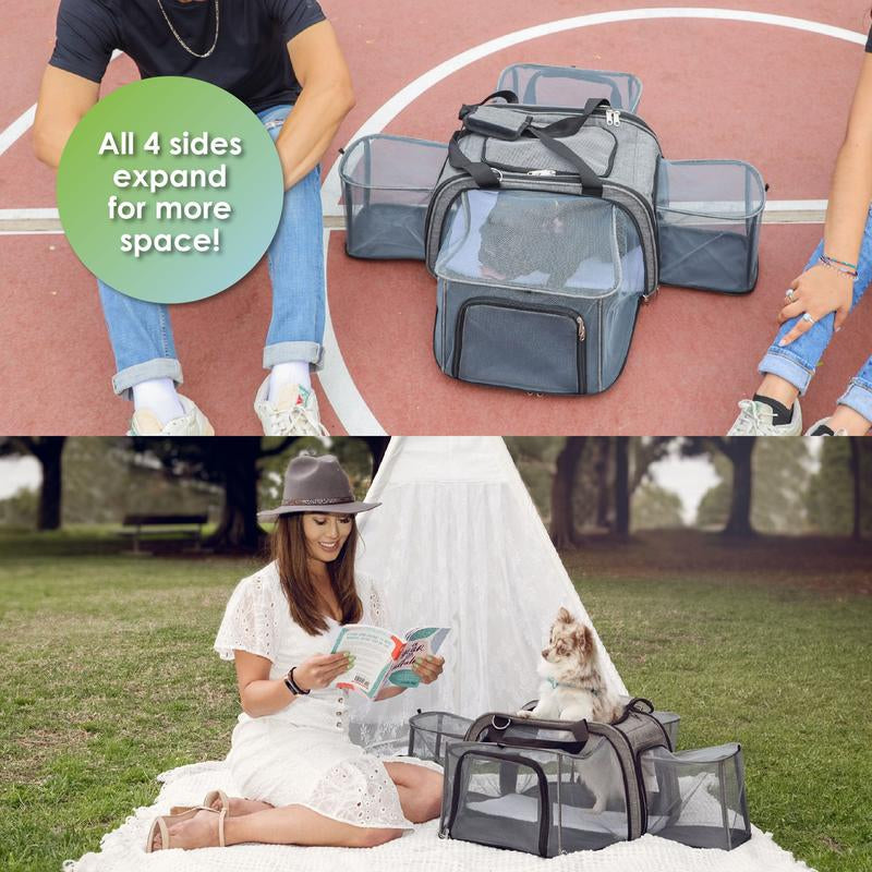 Happy Camper Expandable Pet Carrier: 4X Room, Durable Mesh, 360° Wheels, Faux-Sherpa Mat, Airline Approved, 3 Carrying Options, Zipper Doors, Removable Wheels & Base, Folds Flat for Travel for Dogs, Cats, Small Animals, Supports up to 20 LBS