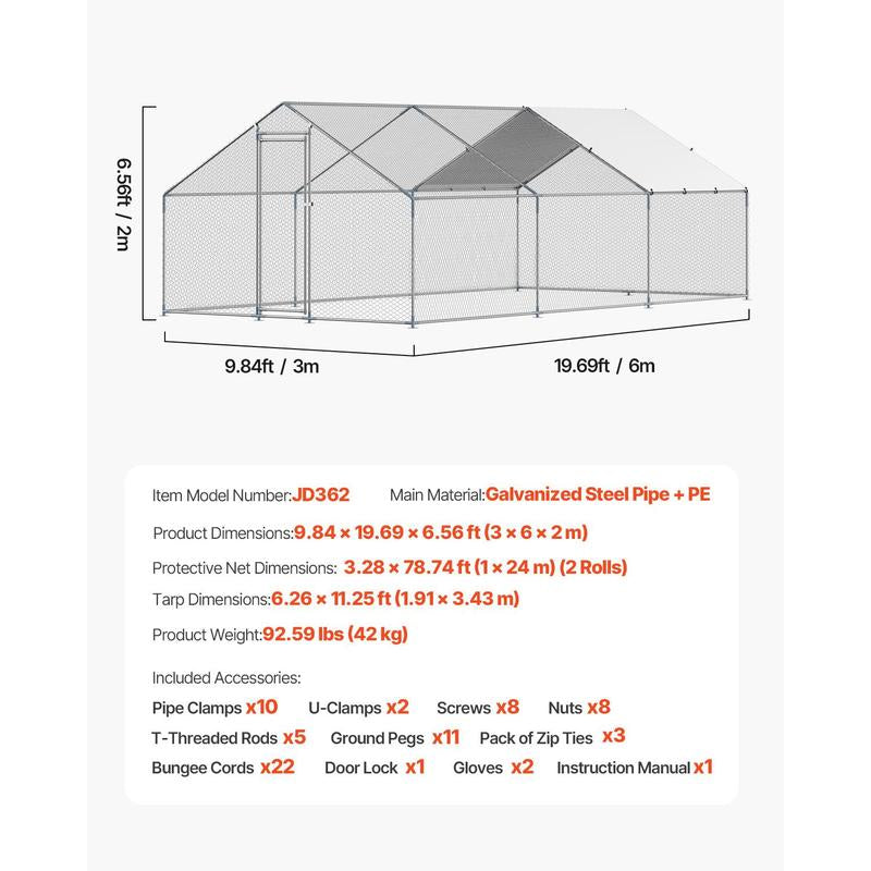 VEVOR Metal Chicken Coop, 9.8X19.6X6.5 Ft Large Walk-In Chicken Runs with Cover, Spire Roof Hen House Enclosure with Security Lock, Outdoor Duck Rabbit Cage Poultry Pen for Backyard, Farm, Yard