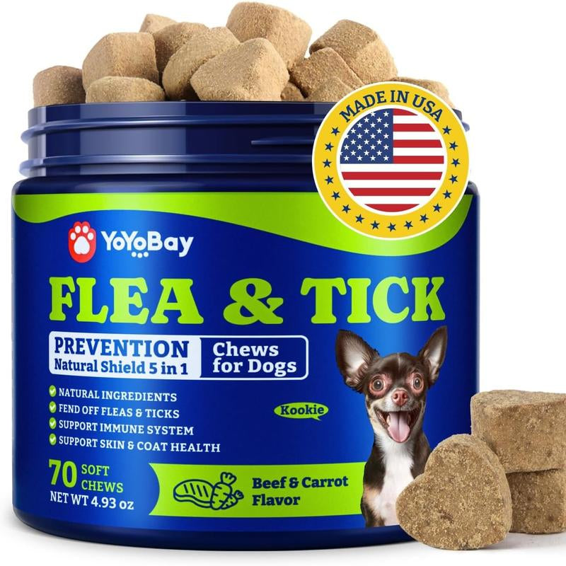 Flea and Tick Support Chews for Dogs, Yoyobay Natural Dog Fleas and Ticks Support Soft Treats, Natural Shield 5-In-1 Protection, Beef & Carrot Flavor, Duck & Pear Flavor, 70 Soft Chews