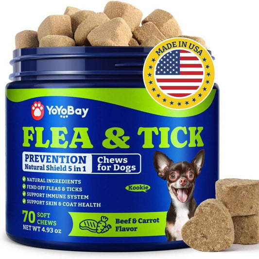 Flea and Tick Support Chews for Dogs, Yoyobay Natural Dog Fleas and Ticks Support Soft Treats, Natural Shield 5-In-1 Protection, Beef & Carrot Flavor, Duck & Pear Flavor, 70 Soft Chews