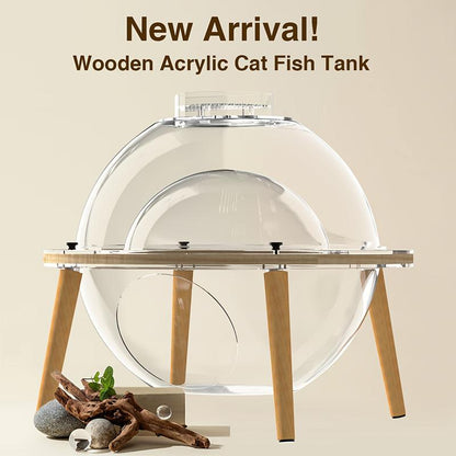 Round Cat Aquarium Tank with Wooden Stand - Reinforced Thick Glass Fish Tank with Viewing Space for Cats, Small Pets, and Fish - Creative Coexistence Habitat for Play and Rest - Includes Decorative Stones and Ornaments, Aquarium Fish Tank