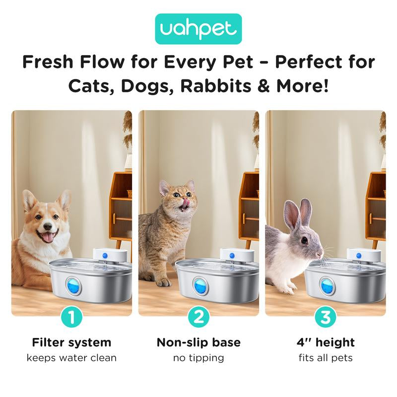 Uahpet Stainless Steel Wireless Cat Water Fountain Pro, Cordless Battery-Operated Pet Water Dispenser for Dog Rabbit, Easy to Clean 67Oz/2L