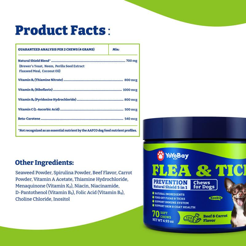 Flea and Tick Support Chews for Dogs, Yoyobay Natural Dog Fleas and Ticks Support Soft Treats, Natural Shield 5-In-1 Protection, Beef & Carrot Flavor, Duck & Pear Flavor, 70 Soft Chews