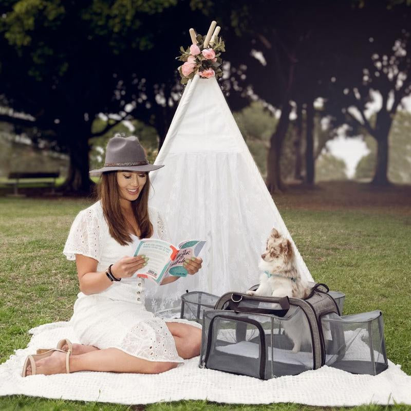 Happy Camper Expandable Pet Carrier: 4X Room, Durable Mesh, 360° Wheels, Faux-Sherpa Mat, Airline Approved, 3 Carrying Options, Zipper Doors, Removable Wheels & Base, Folds Flat for Travel for Dogs, Cats, Small Animals, Supports up to 20 LBS