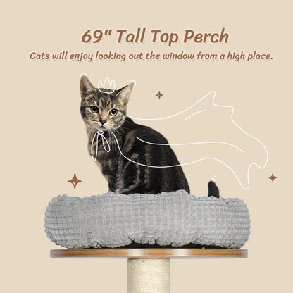 KAMABOKO Wooden Cat Tree Tower with Multi-Level Platforms Large Cat Tower Multi-Level Platforms with Sisal Scratching Posts Cat Toy