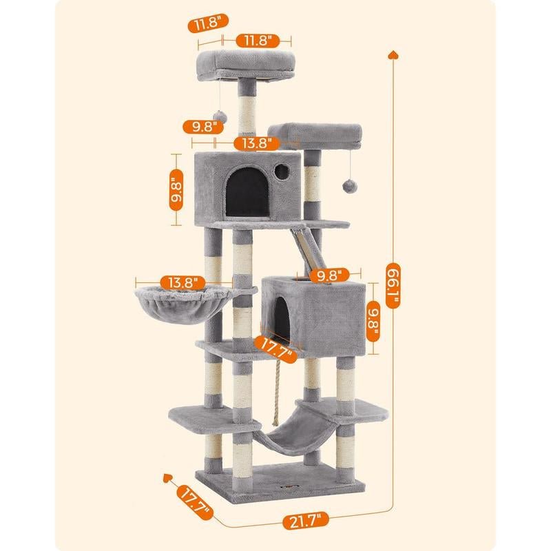 Feandrea 66.1-Inch Multi-Level Cat Tower with Scratching Posts, Perches, Caves, Basket, Hammock, and Pompoms for Indoor Cats