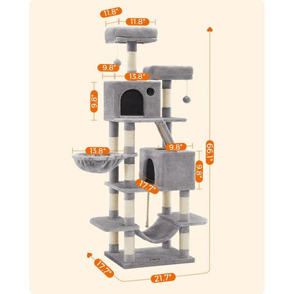 Feandrea 66.1-Inch Multi-Level Cat Tower with Scratching Posts, Perches, Caves, Basket, Hammock, and Pompoms for Indoor Cats
