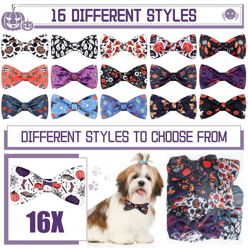16 Pieces Dog Bow Ties Slide Collar Bows Summer Hawaiian Styles Attachment with Rubber Bands for Large Dogs Spring Independence Day (Horror Style)