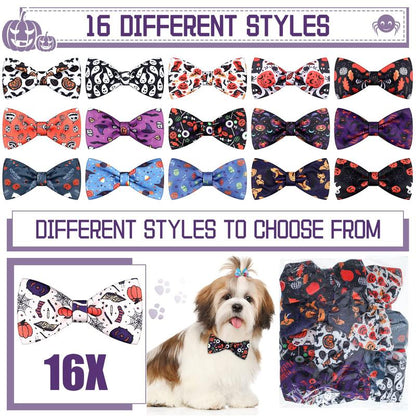 16 Pieces Dog Bow Ties Slide Collar Bows Summer Hawaiian Styles Attachment with Rubber Bands for Large Dogs Spring Independence Day (Horror Style)