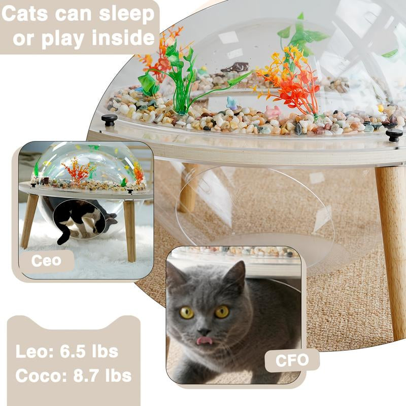 Round Cat Aquarium Tank with Wooden Stand - Reinforced Thick Glass Fish Tank with Viewing Space for Cats, Small Pets, and Fish - Creative Coexistence Habitat for Play and Rest - Includes Decorative Stones and Ornaments, Aquarium Fish Tank