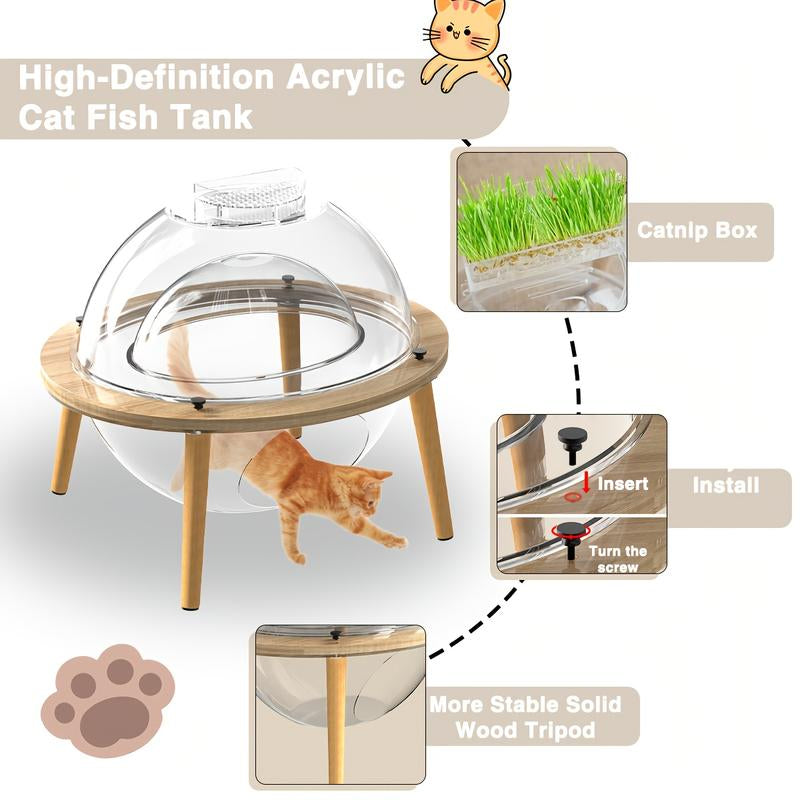 Round Cat Aquarium Tank with Wooden Stand - Reinforced Thick Glass Fish Tank with Viewing Space for Cats, Small Pets, and Fish - Creative Coexistence Habitat for Play and Rest - Includes Decorative Stones and Ornaments, Aquarium Fish Tank