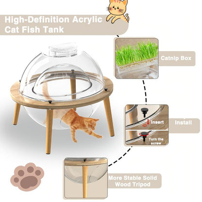 Round Cat Aquarium Tank with Wooden Stand - Reinforced Thick Glass Fish Tank with Viewing Space for Cats, Small Pets, and Fish - Creative Coexistence Habitat for Play and Rest - Includes Decorative Stones and Ornaments, Aquarium Fish Tank