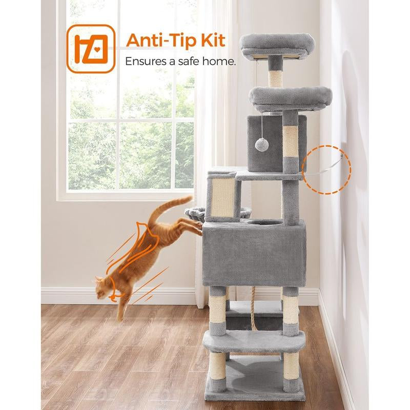 Feandrea 66.1-Inch Multi-Level Cat Tower with Scratching Posts, Perches, Caves, Basket, Hammock, and Pompoms for Indoor Cats