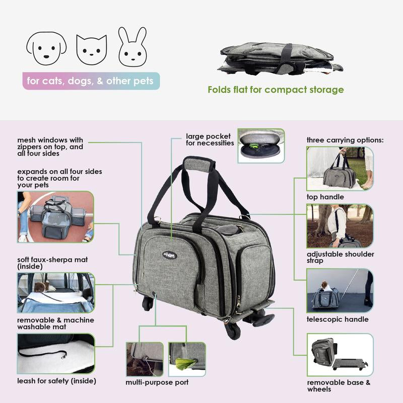 Happy Camper Expandable Pet Carrier: 4X Room, Durable Mesh, 360° Wheels, Faux-Sherpa Mat, Airline Approved, 3 Carrying Options, Zipper Doors, Removable Wheels & Base, Folds Flat for Travel for Dogs, Cats, Small Animals, Supports up to 20 LBS