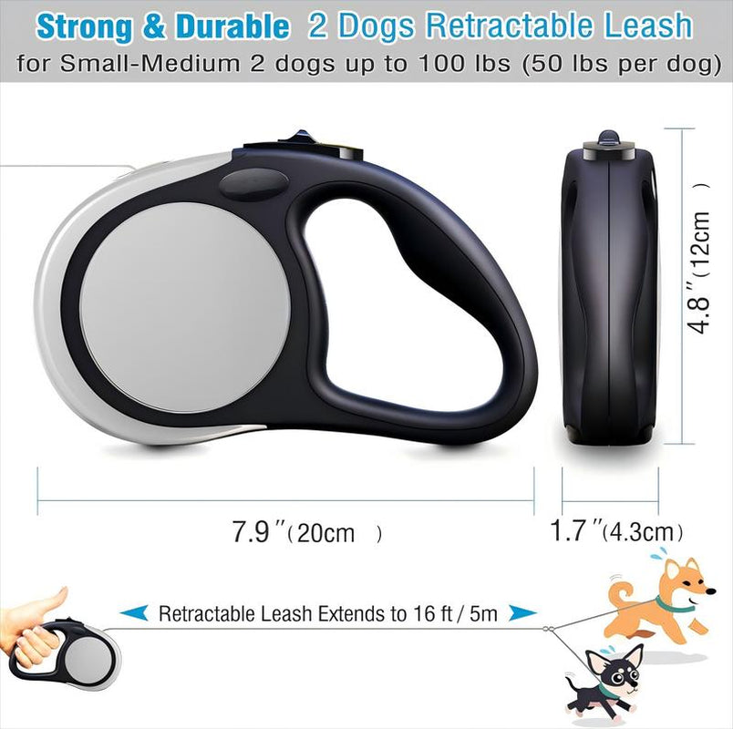 No-Tangle Dual Retractable Dog Leash for 2 Dogs (Up to 100 Lbs, 16 Ft) – Elastic Bungee for Safer Walks, 360° Swivel, Non-Slip Grip