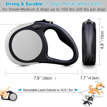 No-Tangle Dual Retractable Dog Leash for 2 Dogs (Up to 100 Lbs, 16 Ft) – Elastic Bungee for Safer Walks, 360° Swivel, Non-Slip Grip