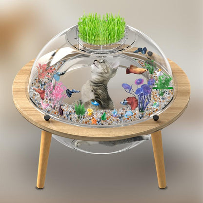 Round Cat Aquarium Tank with Wooden Stand - Reinforced Thick Glass Fish Tank with Viewing Space for Cats, Small Pets, and Fish - Creative Coexistence Habitat for Play and Rest - Includes Decorative Stones and Ornaments, Aquarium Fish Tank