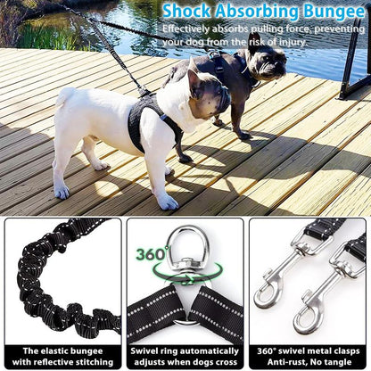 No-Tangle Dual Retractable Dog Leash for 2 Dogs (Up to 100 Lbs, 16 Ft) – Elastic Bungee for Safer Walks, 360° Swivel, Non-Slip Grip