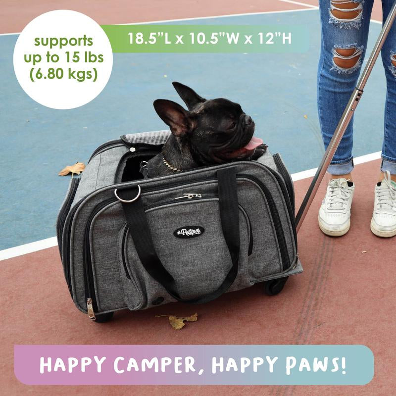 Happy Camper Expandable Pet Carrier: 4X Room, Durable Mesh, 360° Wheels, Faux-Sherpa Mat, Airline Approved, 3 Carrying Options, Zipper Doors, Removable Wheels & Base, Folds Flat for Travel for Dogs, Cats, Small Animals, Supports up to 20 LBS