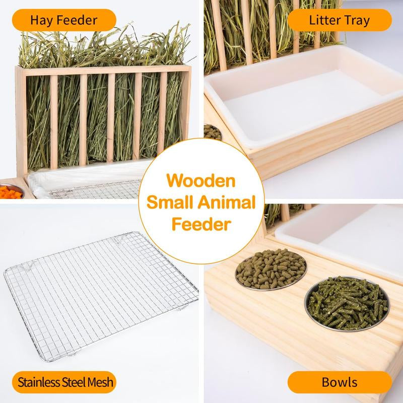 3 in 1 Hay Feeder with Litter Box,Upgraded Wooden Hay Feeder Set for Guinea Pig Chinchilla Bunny Other Small ,Quick Cleaning & Large Capacity & Preventing