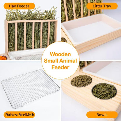 3 in 1 Hay Feeder with Litter Box,Upgraded Wooden Hay Feeder Set for Guinea Pig Chinchilla Bunny Other Small ,Quick Cleaning & Large Capacity & Preventing