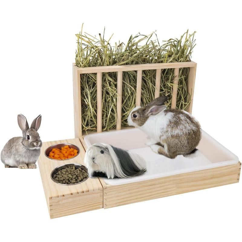 3 in 1 Hay Feeder with Litter Box,Upgraded Wooden Hay Feeder Set for Guinea Pig Chinchilla Bunny Other Small ,Quick Cleaning & Large Capacity & Preventing