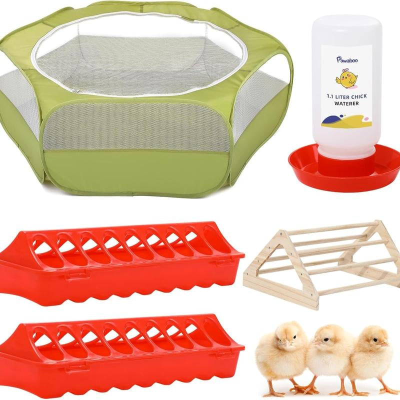 Pawaboo 5-In-1 Chicken Brooder Box for Chick Starter Kit, Includes Pet Cage Tent, Chicks Perch, Chick Feeder, 1.1L Chick Waterer, Baby Chick Supplies (Brooder Set), Green + Red + Wood Color