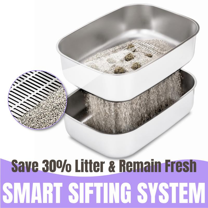 XL Sifting Litter Box for Regular Litter,Stainless Steel Sifting Box, Easy to Clean Catbox with High Sides, Includes Scoop & Transfer Bag