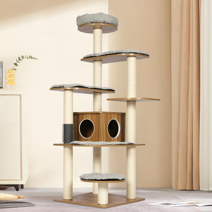 KAMABOKO Wooden Cat Tree Tower with Multi-Level Platforms Large Cat Tower Multi-Level Platforms with Sisal Scratching Posts Cat Toy